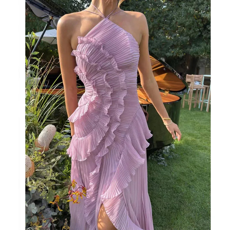 Elegant Lotus Edge Halter Maxi Dress