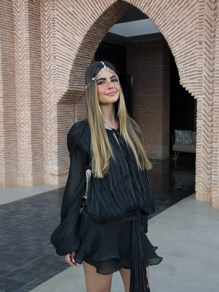 Elegant Lantern Sleeve Shiny Pleated Ankle-Length Party Dress