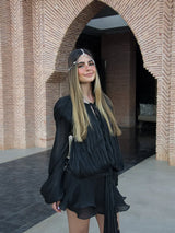 Elegant Lantern Sleeve Shiny Pleated Ankle-Length Party Dress