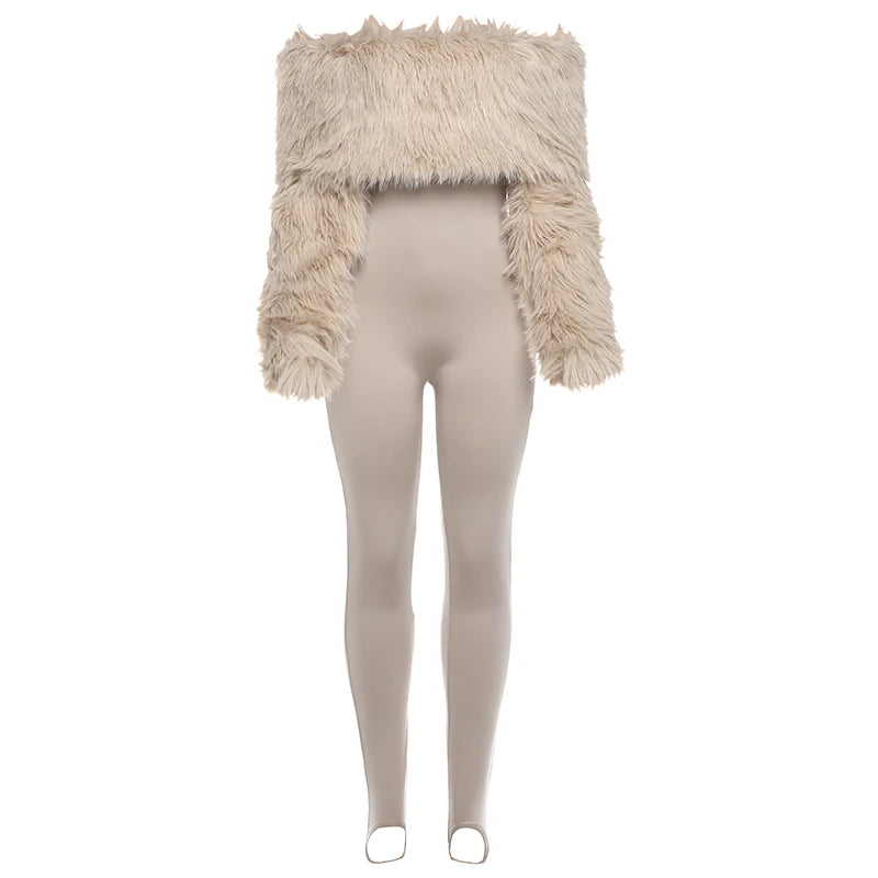 Women's Furry Patchwork Slash Neck Streetwear Jumpsuit