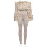 Women's Furry Patchwork Slash Neck Streetwear Jumpsuit