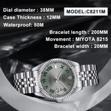 CADISEN 38MM Men's Automatic Mechanical Watch Luxury AR Sapphire Glass Water Resistant Stainless Steel MIYOTA 8215 Reloj Hombre