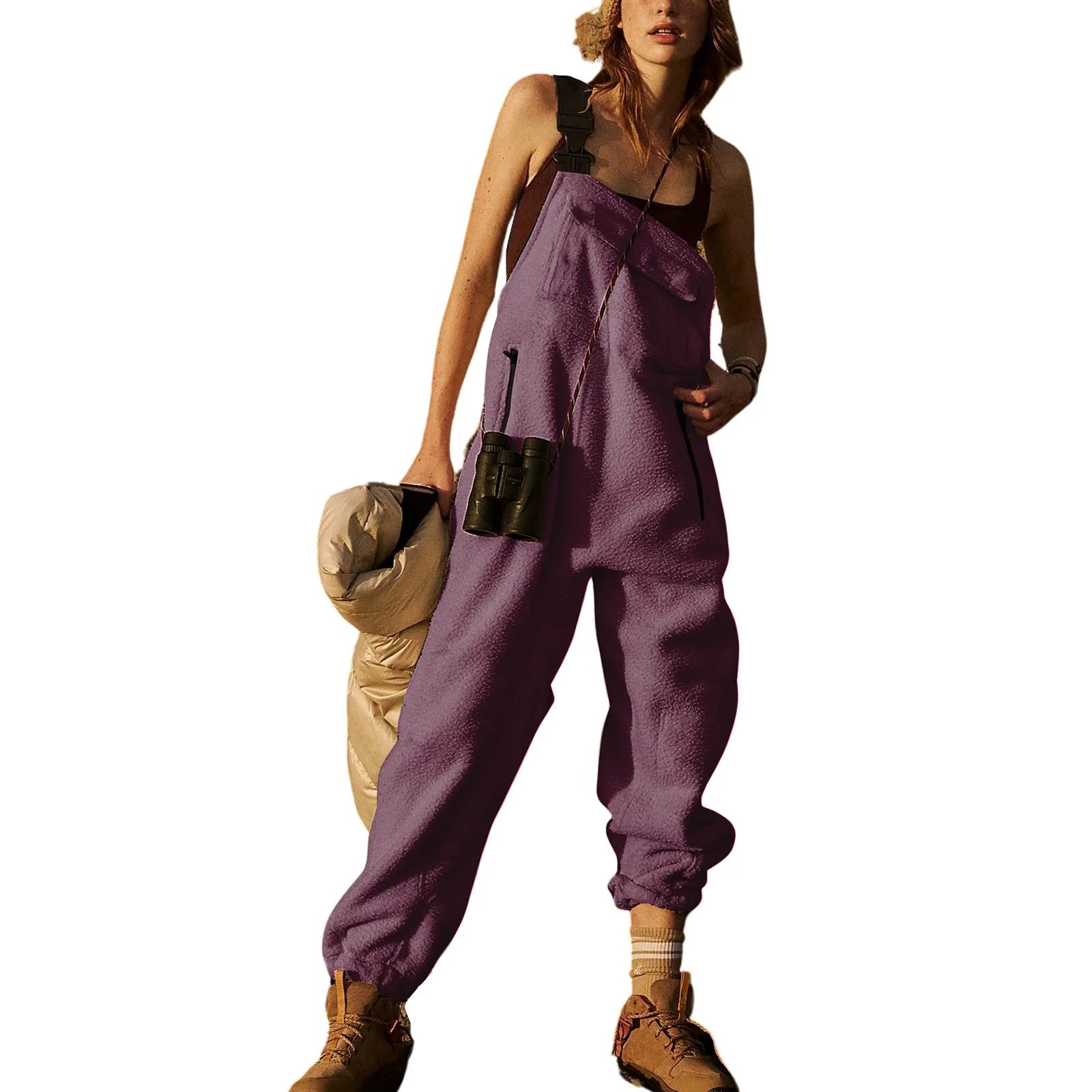Fleece Bib Overalls - Adjustable Warm Winter Fuzzy Jumpsuit & Ski Pants