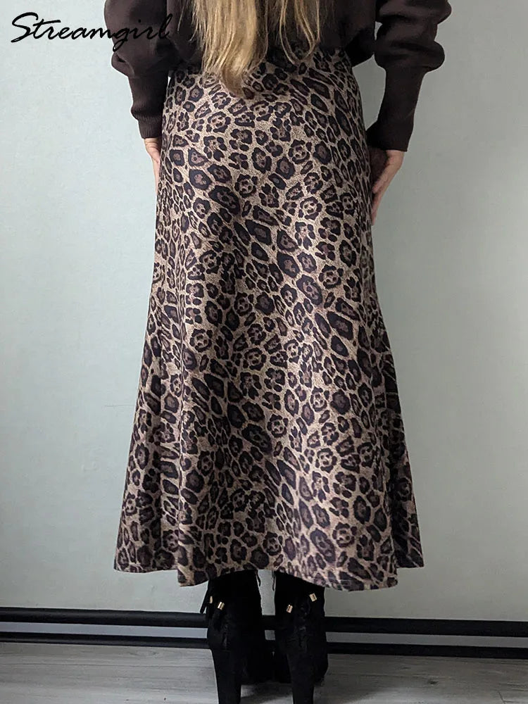 Leopard Print Suede Maxi Skirt – Women's Autumn Winter