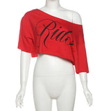 KSylCue Letter Print Off-Shoulder Crop Top