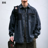 Mens High Quality Custom Weave Slub Deconstructed Patchwork Denim Shirt Trendy Distressed Wash Streetwear Casual Long Sleeve