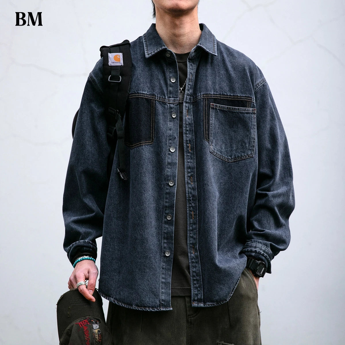 Mens High Quality Custom Weave Slub Deconstructed Patchwork Denim Shirt Trendy Distressed Wash Streetwear Casual Long Sleeve