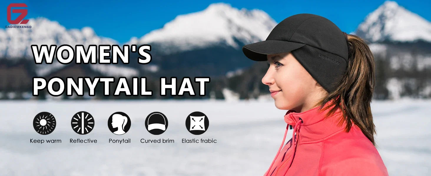 Women's Fleece Ponytail Hat with Ear Warmers & Reflective Cap