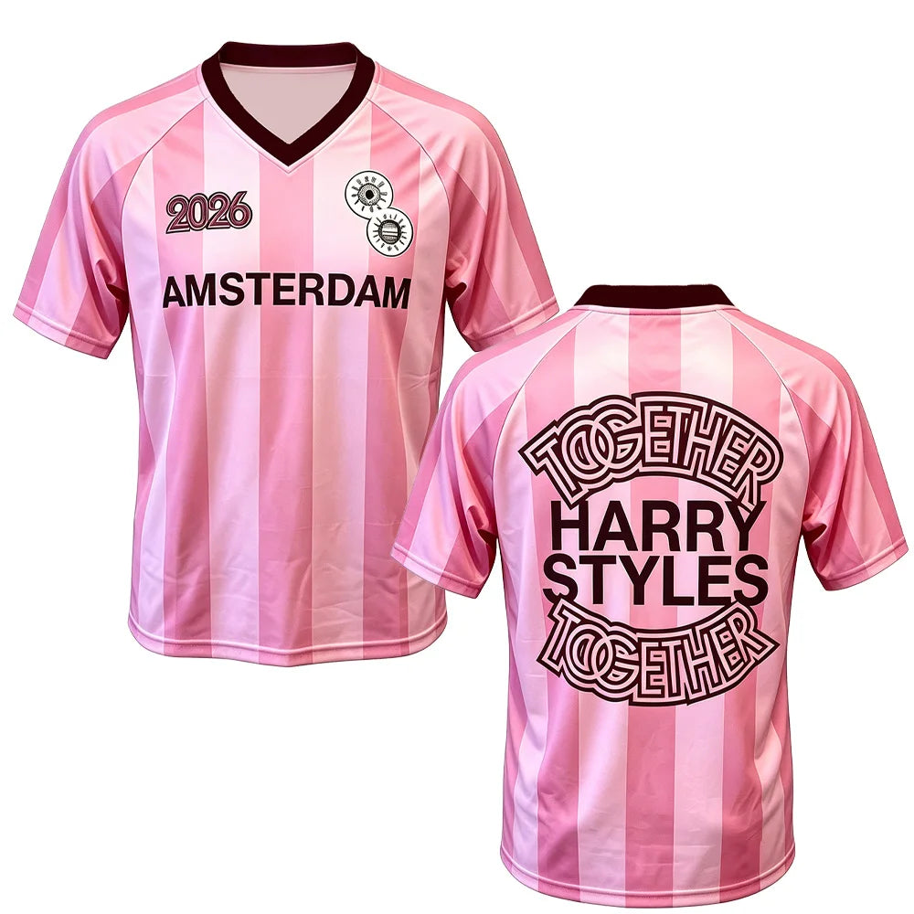 HarryStyles Amsterdam Merch Pink Soccer Jersey Shirt 2026 New Arrivals shirts women men V-neck Breathable Short Sleeve Loose tee