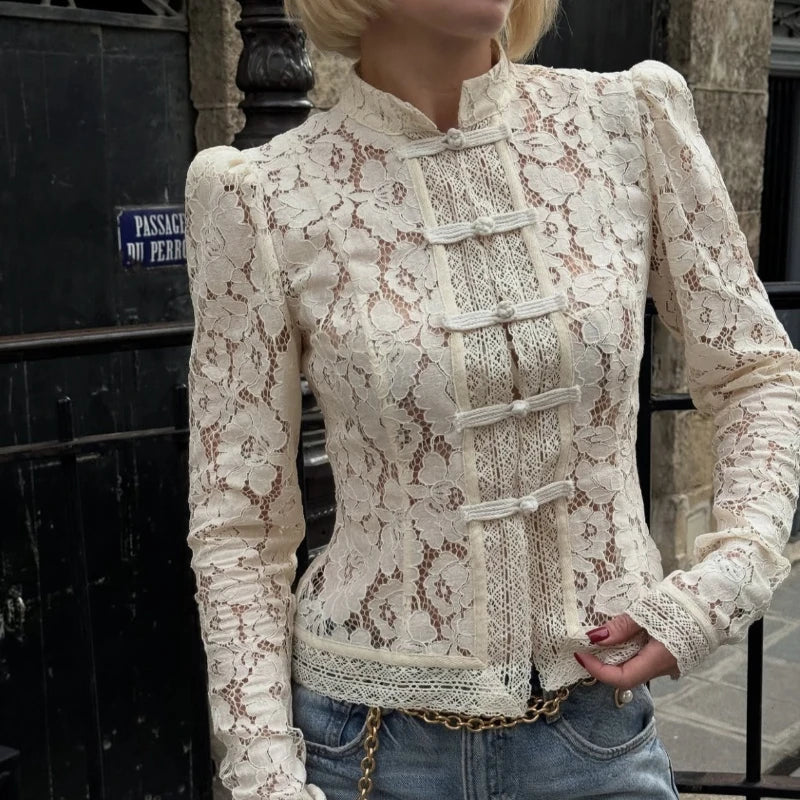 2026 Summer Lace Printed Shirts Tops Female Hollow Out Fashion Commute Vintage See-Through Blouse Women's Lace Shrug Shirts New