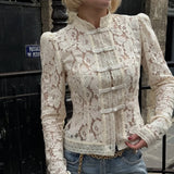 2026 Summer Lace Printed Shirts Tops Female Hollow Out Fashion Commute Vintage See-Through Blouse Women's Lace Shrug Shirts New