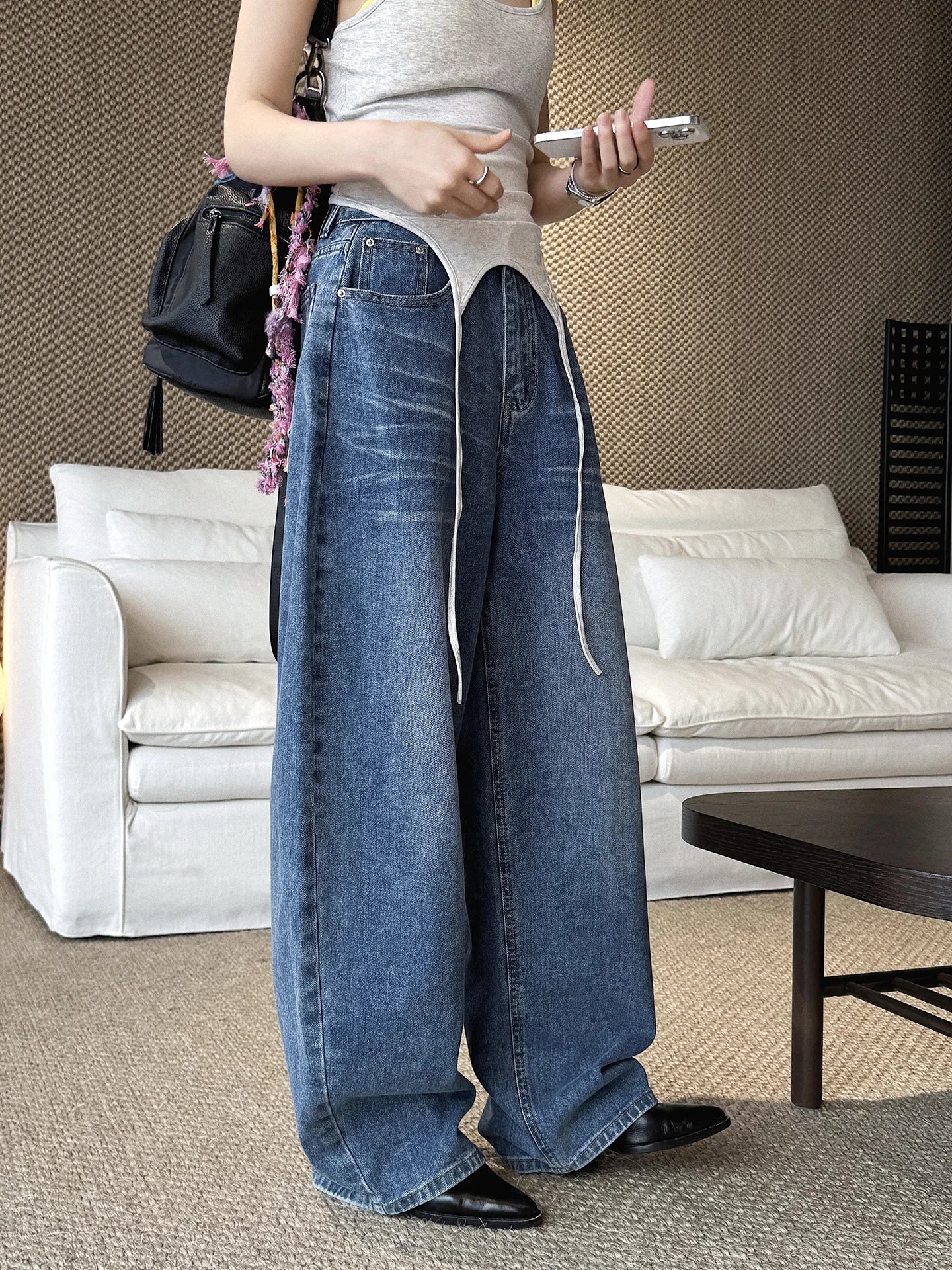 Spring/Summer New American Retro Fashionable High Waist Washed Used Cat Beard Jeans Loose Wide Leg Pants Women
