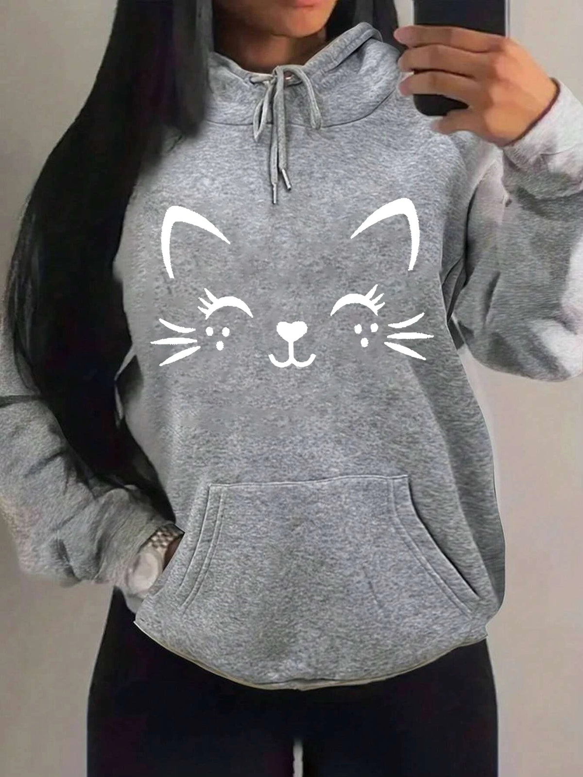 Women's Playful Cat Graphic Fleece Hoodie