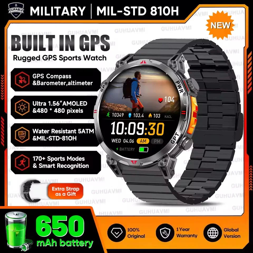 New Upgrade GPS Outdoor Sports SmartWatch Men With 5ATM Swim Compass Altimeter 1.56" AMOLED Heart Rate Bluetooth Call Smartwatch
