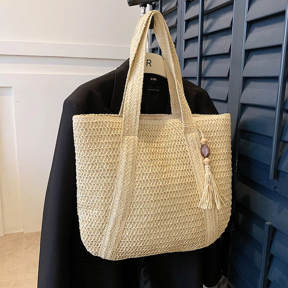 Woven Handbags Ladies Summer Woven Totes Bag with Tassel Women Shoulder Bag Large Capacity Fashion Straw Female Shopper Bag