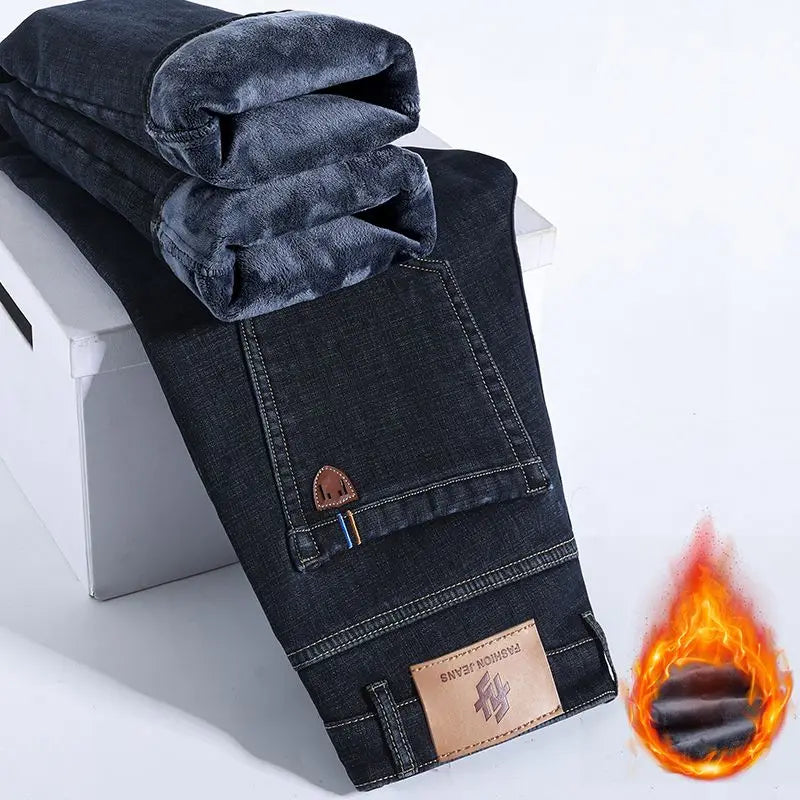 Winter Warm Fleece Jeans Men's Thick Thermal Casual Straight Denim Pants Male Business Work Stretch Trousers New Clothing