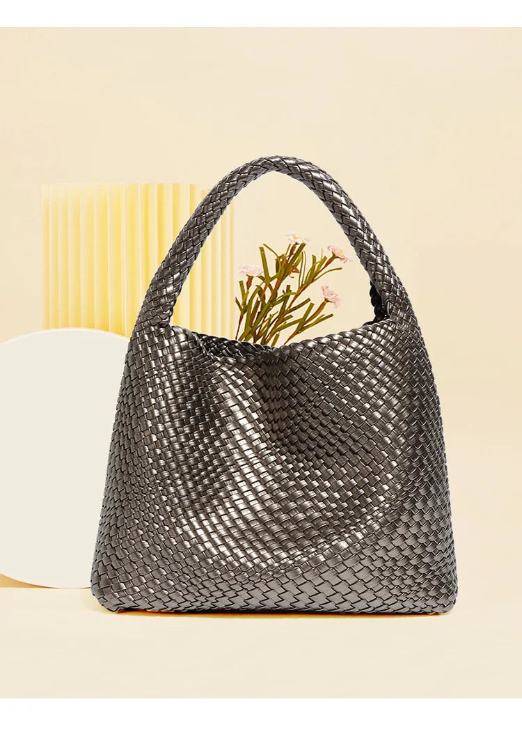 2025 Women Bag Luxury PU Leather Handbag Lady Fashion Handmade Knitting Tote Female Hand-woven Basket Shoulder Bag with Purse