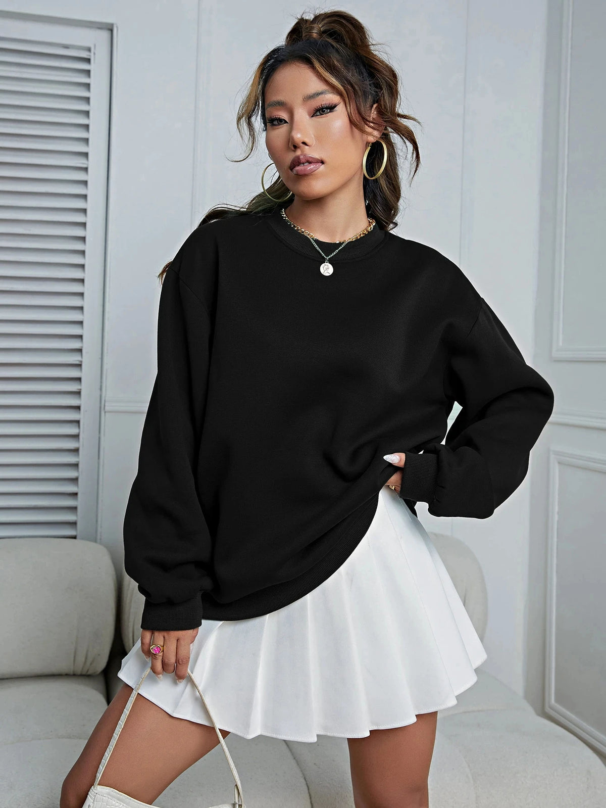 Winter Womens Solid Sweatshirts Casual Comfortable Warm Hoodies Loose Crewneck Fleece Pullover Tops Autumn Womans Streetwear