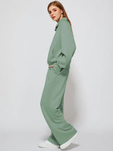 Woman Solid Color Half Zip Long Sleeve Sweatshirt and Wide Leg Pants Set Casual Sporty Two Piece Outfit
