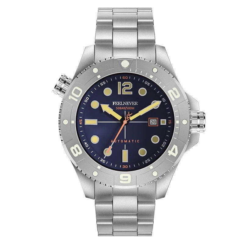 FeelNever Profession Casual Sports Mechanical Man Watch Stainless Steel Sapphire Crystal 50Bar Auto Date Wristwatch Reloj Hombre
