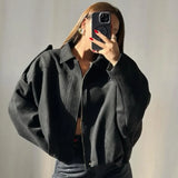 HXAO Suede Cropped Jacket Women's Bomber Jacket Oversized Batwing Sleeves Outerwears Lady Casual Loose Coat Street Style Jackets