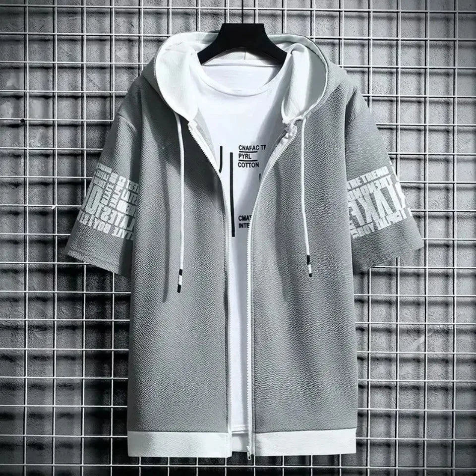 Fashion Men's Hoodies Summer Men Clothing T-shirt Zipper Hood Cartoon Casual T Shirt Print Hooded Top Short Sleeve Men