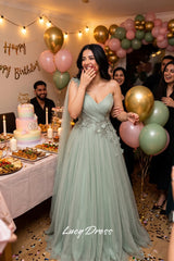 Lucy Light Green Tulle A-Line Evening Gown | Custom Made