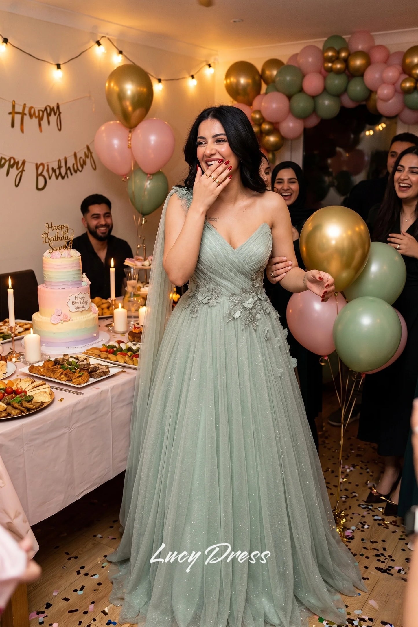 Lucy Light Green Tulle A-Line Evening Gown | Custom Made
