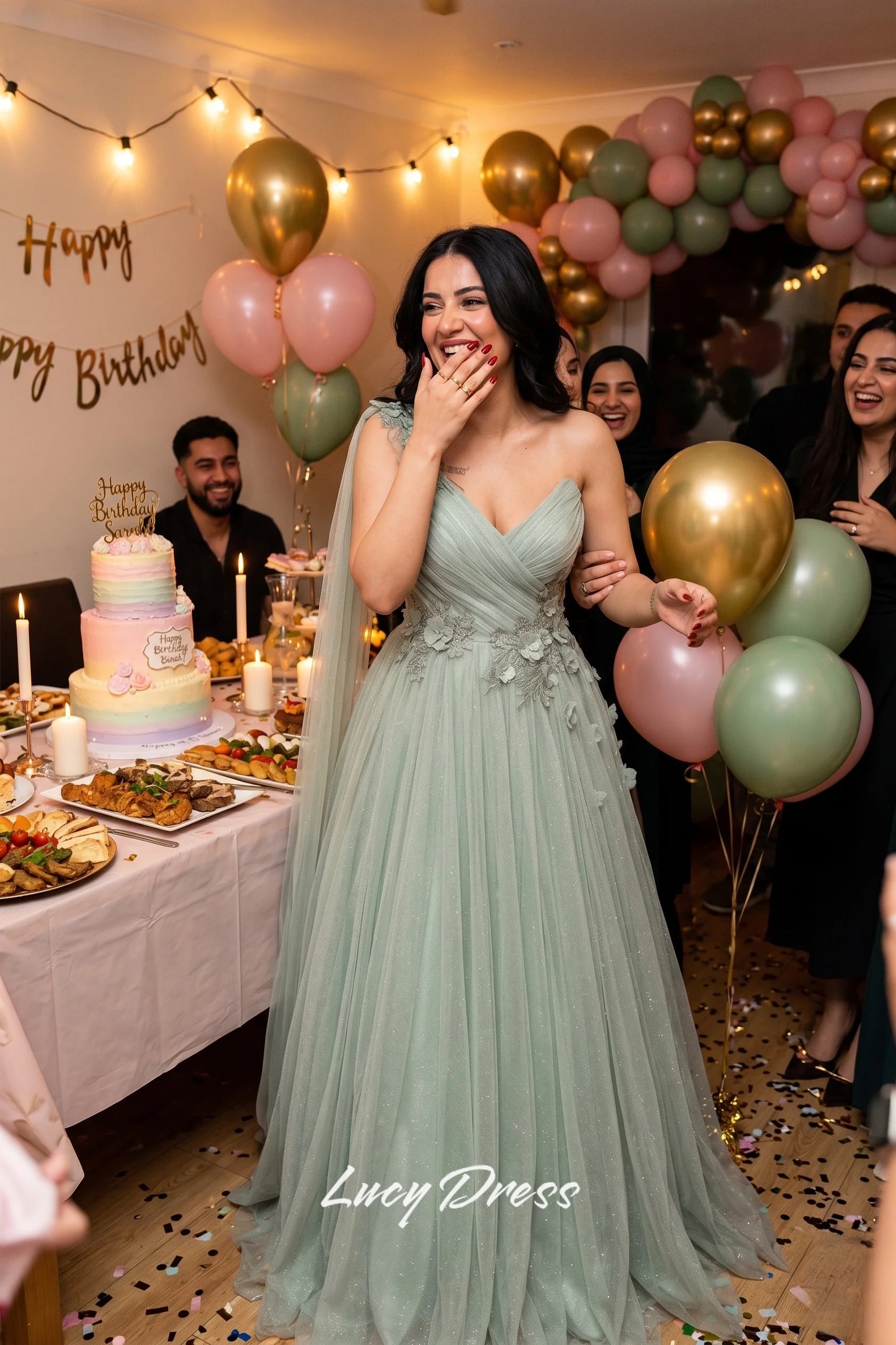 Lucy Light Green Tulle A-Line Evening Gown | Custom Made