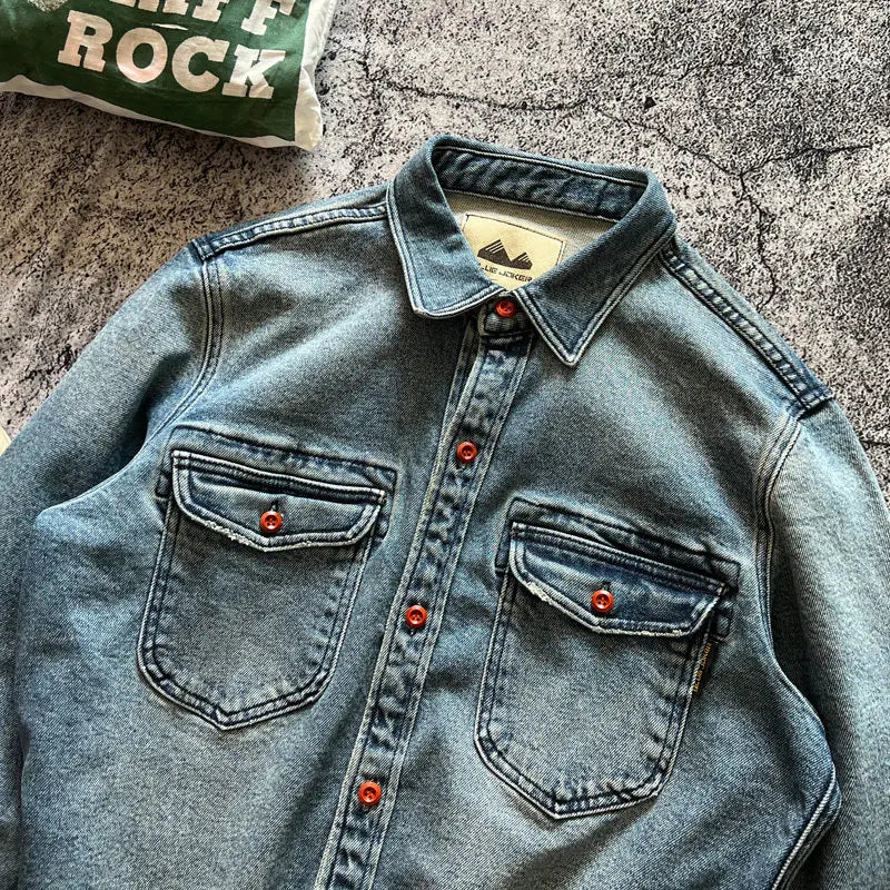 Heavyweight Stretchy Denim Shirt | Fall/Winter | 100% Cotton | Blue Washed | Thick Long-Sleeve Shirt for Men / Outerwear