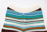 Women Patchwork Striped Hollow Out Crochet Knitted Crop Sweater Shorts Set Short Sleeve Polo Collar Sweater Knit Shorts Suit Y2K