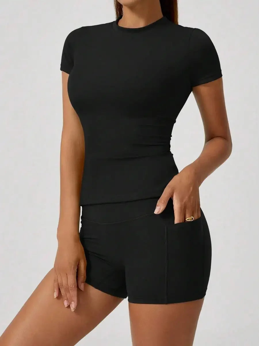 Women's Sculpting Sports Short Sleeve & High-Waist Shorts Set