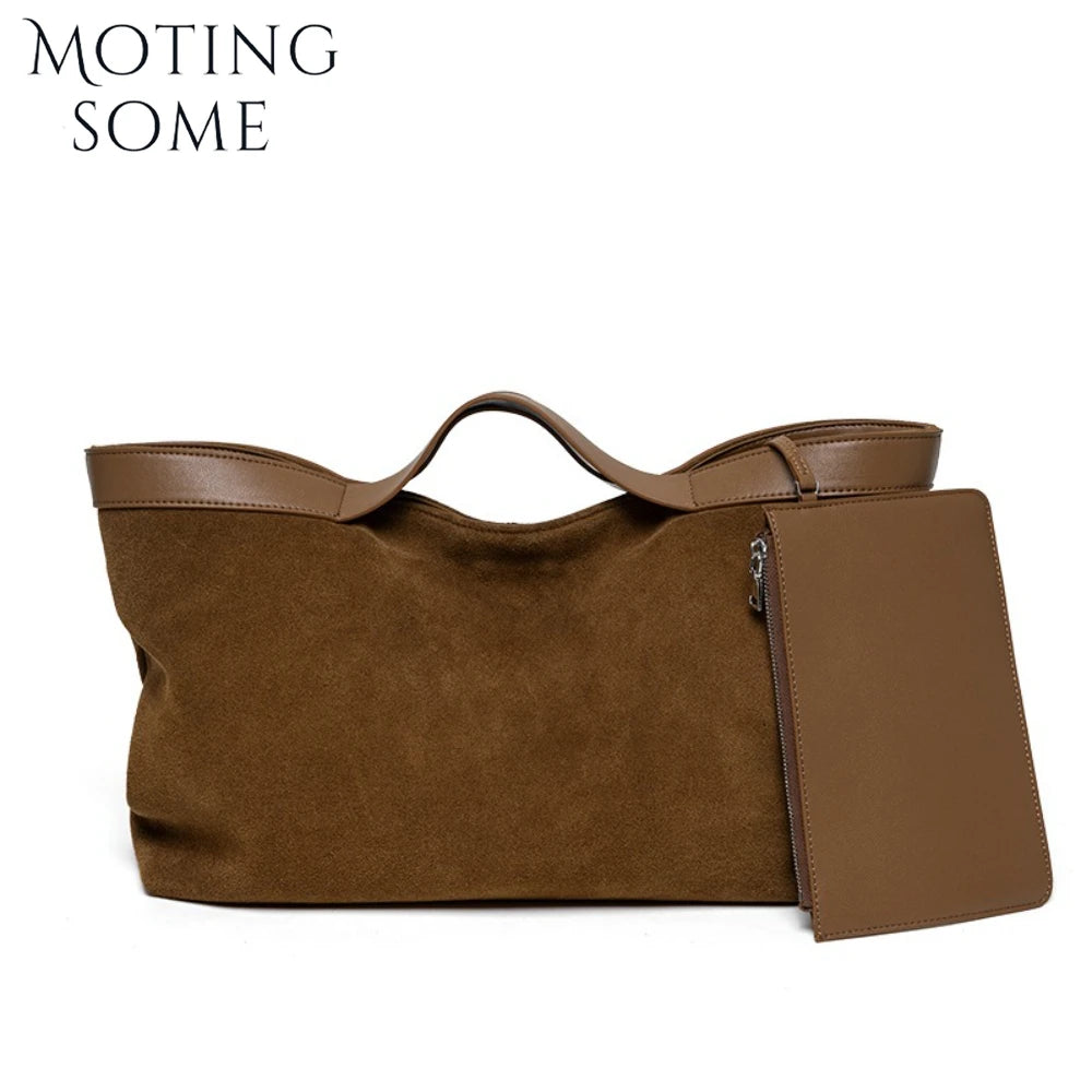 Motingsome Winter New Suede Big Tote Women Matte Cowhide Leather Handbag Oversized Shoulder Bowling Shopper Purse Luxury Design
