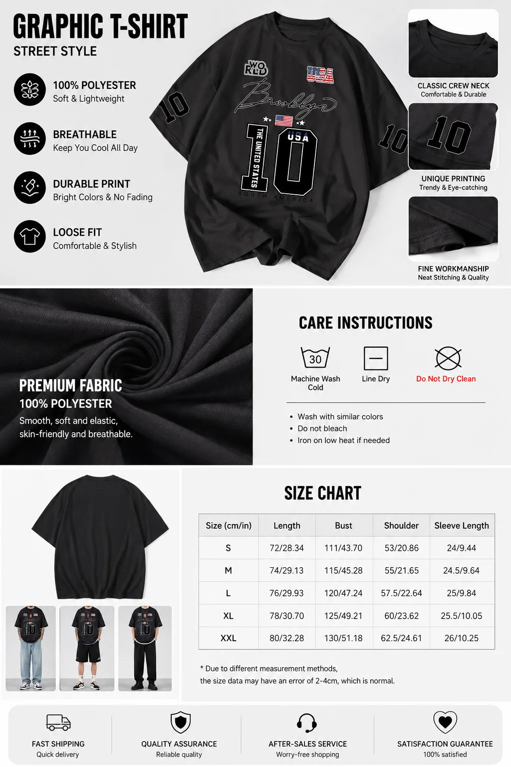 USA Brooklyn Style 10 Print Oversized T Shirt Men's Streetwear Vintage Jersey Tee