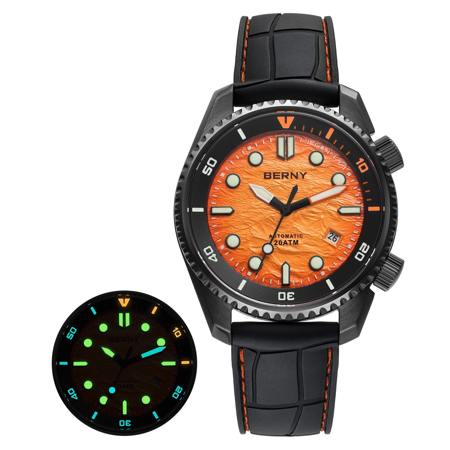 BERNY Automatic Diver Watch for Men Top Luxury Sapphire 316L Steel New Wave Dial 200M Waterproof Mechanical Diving Men's Watches