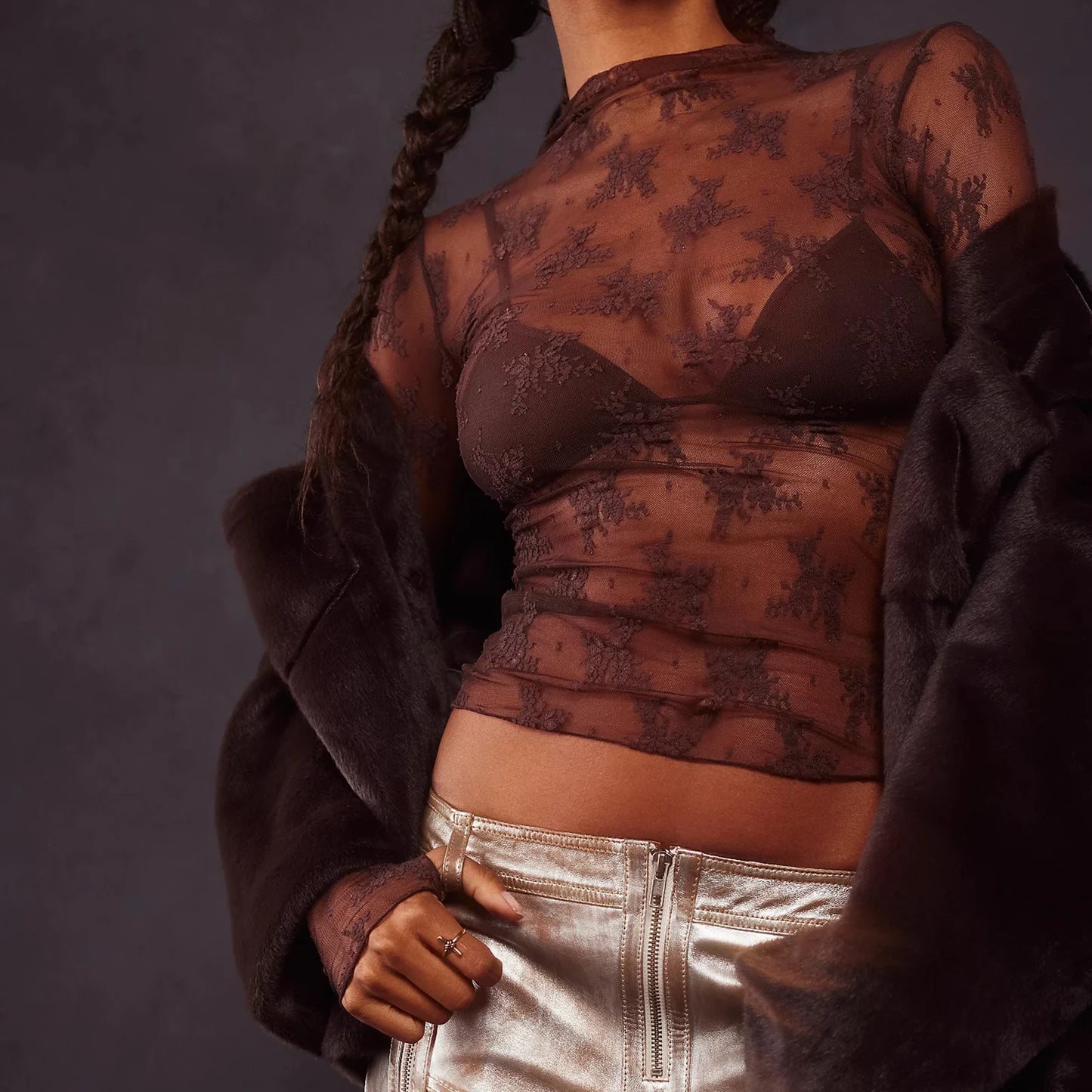 Women's Long Sleeve Mock Neck Lace Top