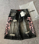 Y2K Dark Wash Wide Leg Jeans with Pink Flame Embroidery