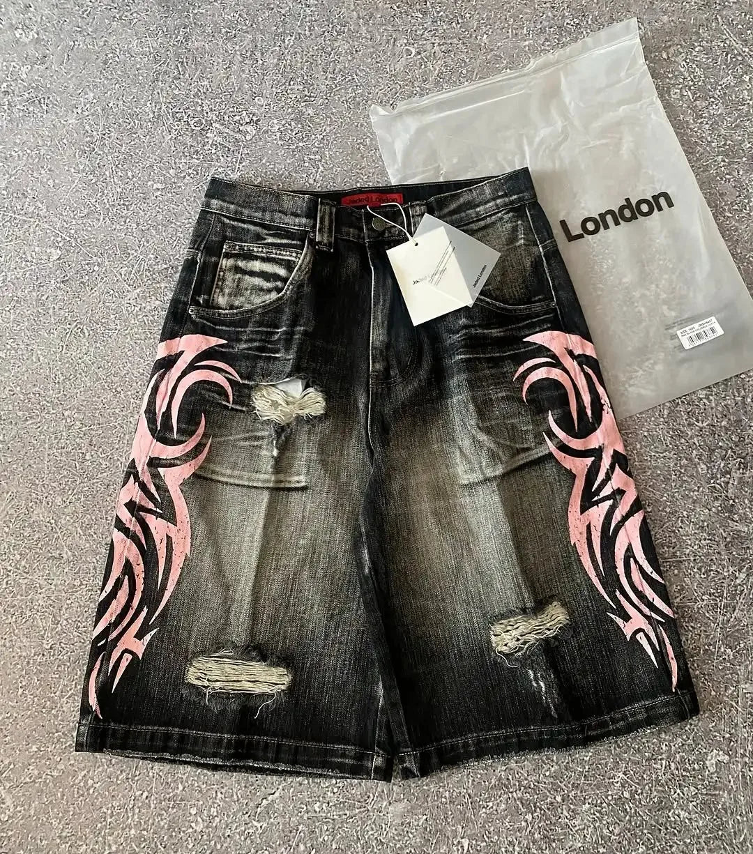 Y2K Dark Wash Wide Leg Jeans with Pink Flame Embroidery