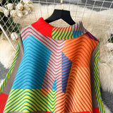 Miyake Pleated Drape Dress – Colorblock Print, 3/4 Sleeve