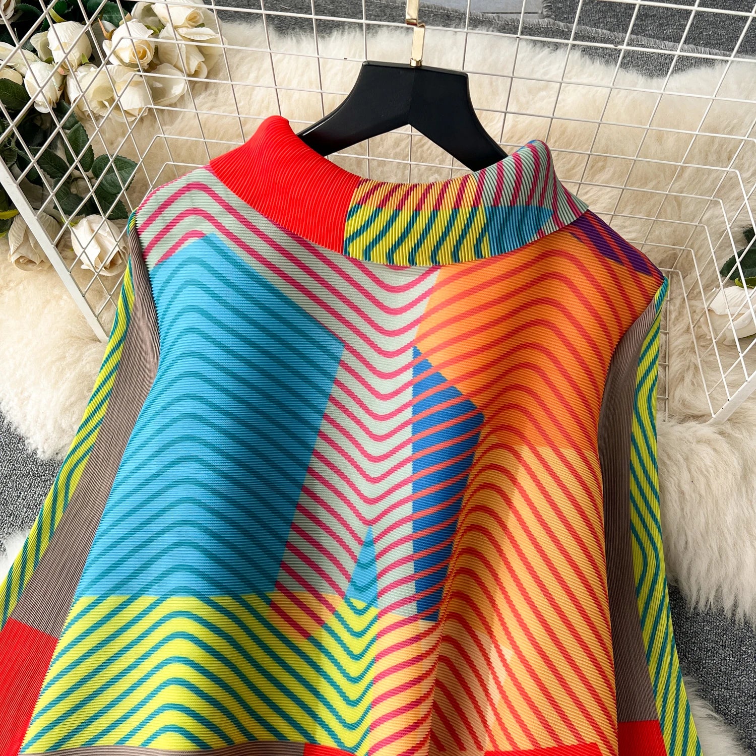 Miyake Pleated Drape Dress – Colorblock Print, 3/4 Sleeve