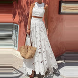 Elegant Boho Lace Embroidery 2-Piece Set | Sleeveless Crop Top & Maxi Skirt