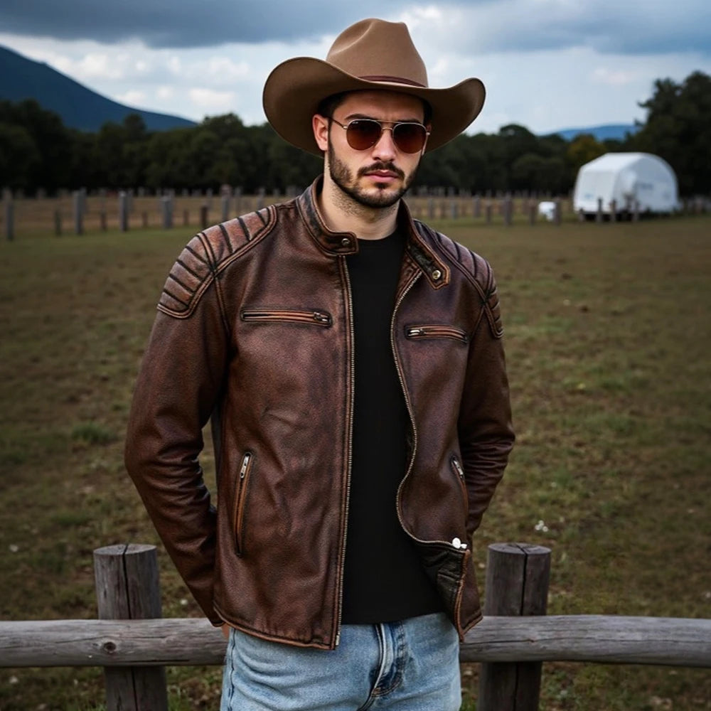 New 100% Cowhide Leather Jacket men Top Layer Clothes Men's Stand Collar Motorcycle Clothes  Autumn Winter Plus Size motorcycle