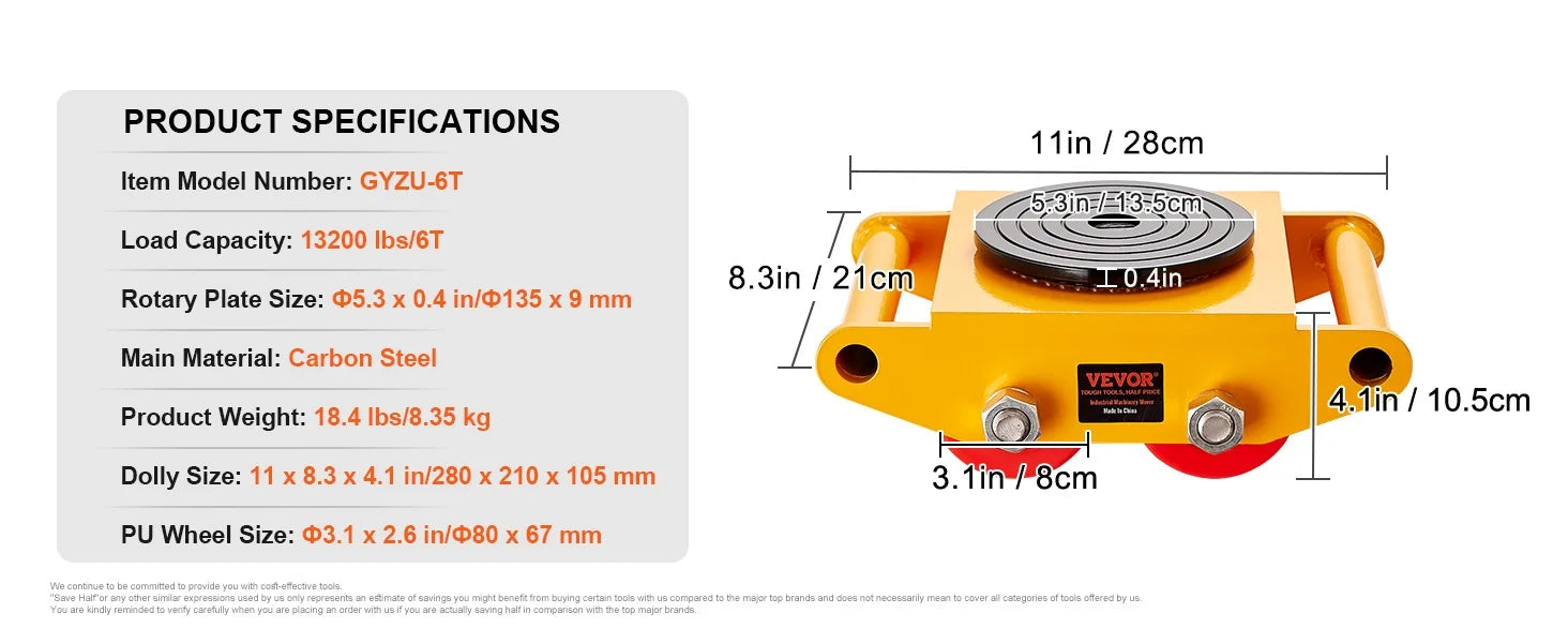 SucceBuy All-Steel Industrial Machinery Mover Pallet Trolley 6T Carrying Tank With 360 Degree Rotation for Transporting Cargo