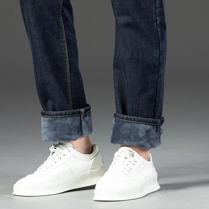 Winter Warm Fleece Jeans Men's Thick Thermal Casual Straight Denim Pants Male Business Work Stretch Trousers New Clothing