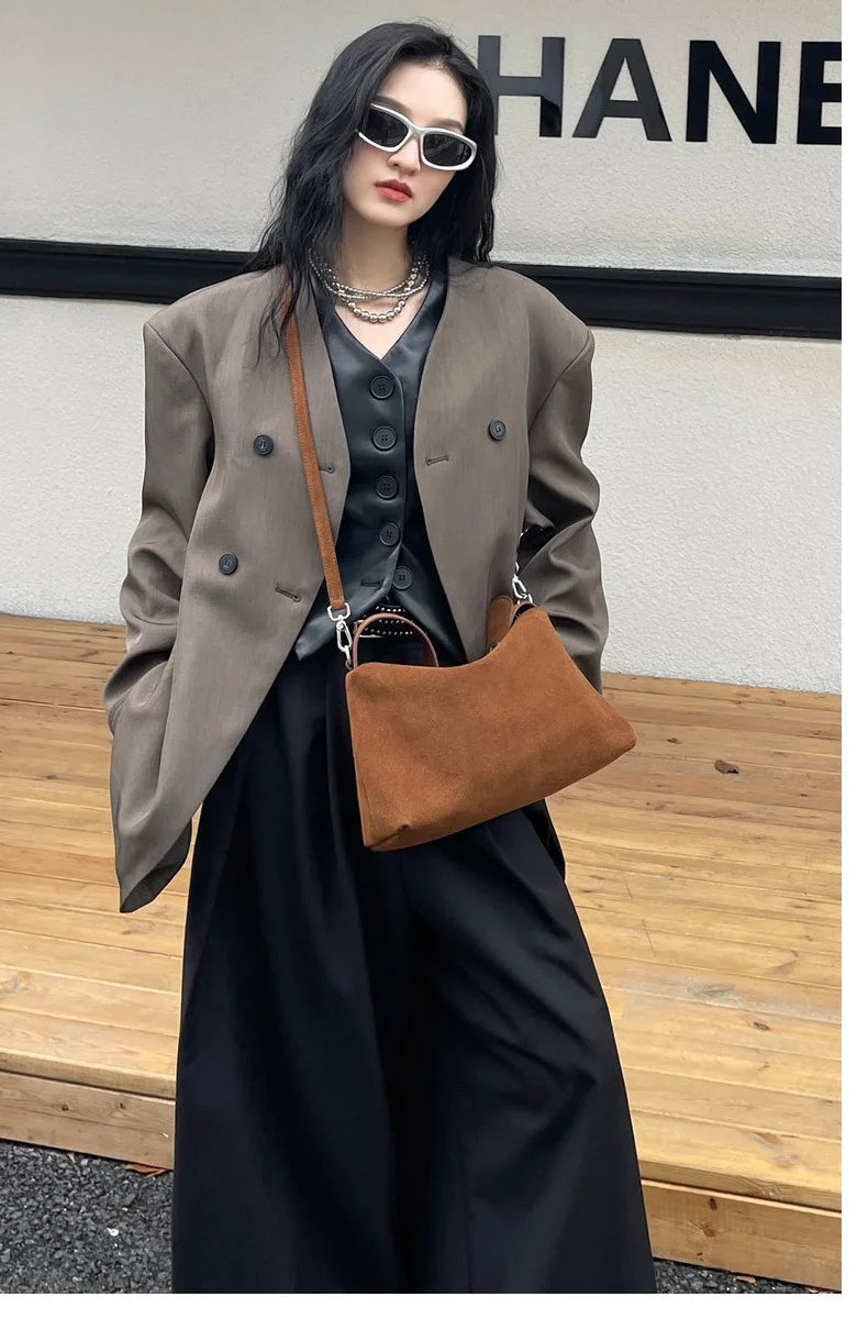 Wholesale Women Suede Bag Female Retro Frosted Cowhide Split Leather Armpit Shoulder Bag Lady Handbag Trendy Crossbody Messenger