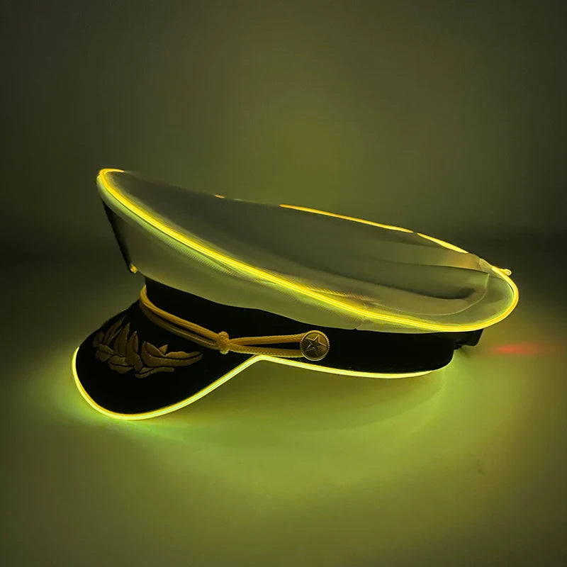 New Luminous White Sailor Captain Yacht Caps Wheat Embroidery LED Glow Navy Marine Hat Men Women Cosplay Halloween Costume Hats