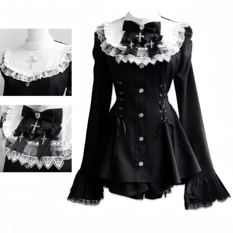Japanese Y2K Aesthetics Vintage Bow Dress Shorts Set Women Gothic Lolita Style Long Sleeve Shirt Dress Elegant Party Dress Suits