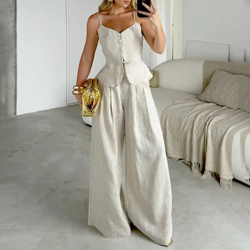 Mueyaruho Women 2026 Summer Office Pant Set Suits Solid Beige Outfits 2 Two Piece Wide Leg Matching Set For Women