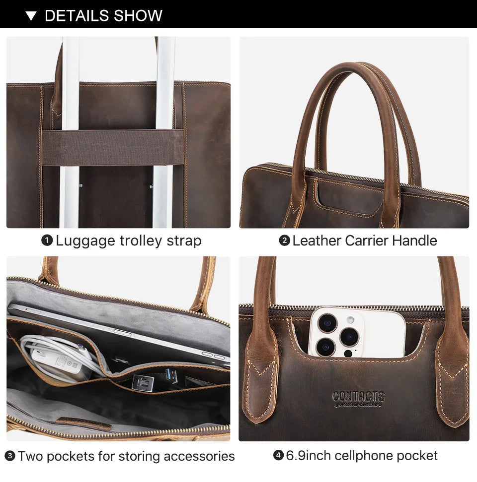 CONTACT'S Genuine Leather Men Business Bag Leather Briefcase Tote Laptop Bags High Quality Men's Bag Handbag for 14.2" Macbook