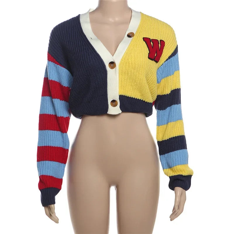 Colorful Striped Letter Knit Vest & Coat Set